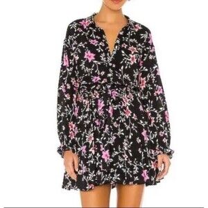 Free People Lighten up Floral Long Sleeve Black Pink Mini Dress Size Small Boho